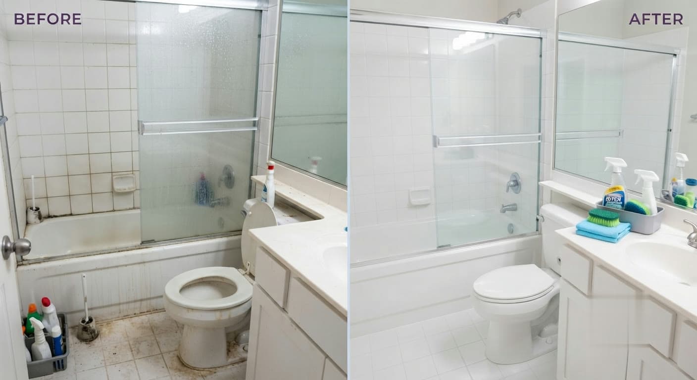 A bathroom before and after a MaidEX deep clean