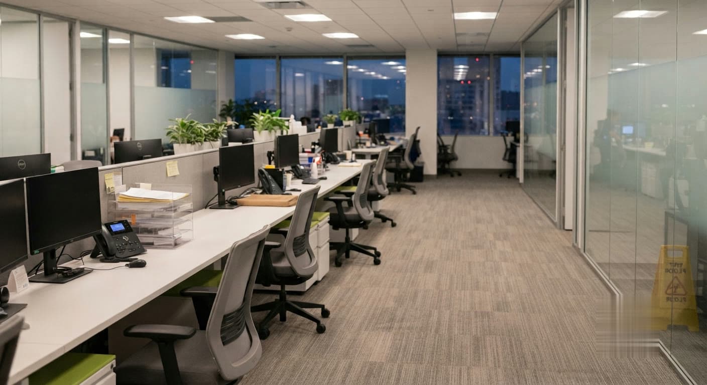 Tidy office desks and walkway after a MaidEX commercial cleaning