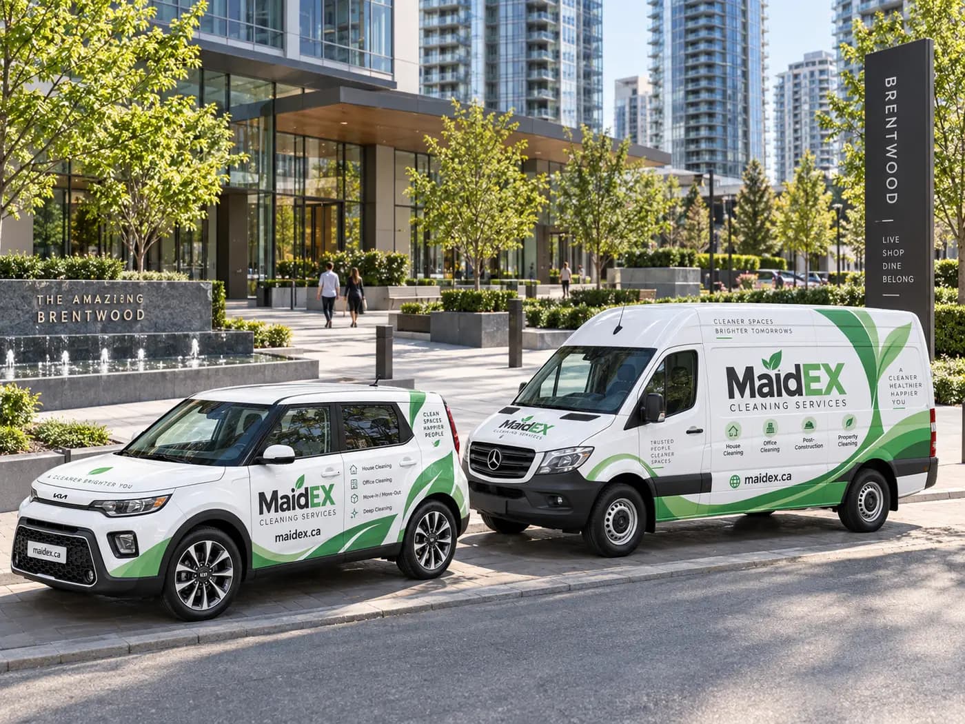 MaidEX-branded Kia and Mercedes Sprinter cleaning vehicles parked in the Lower Mainland