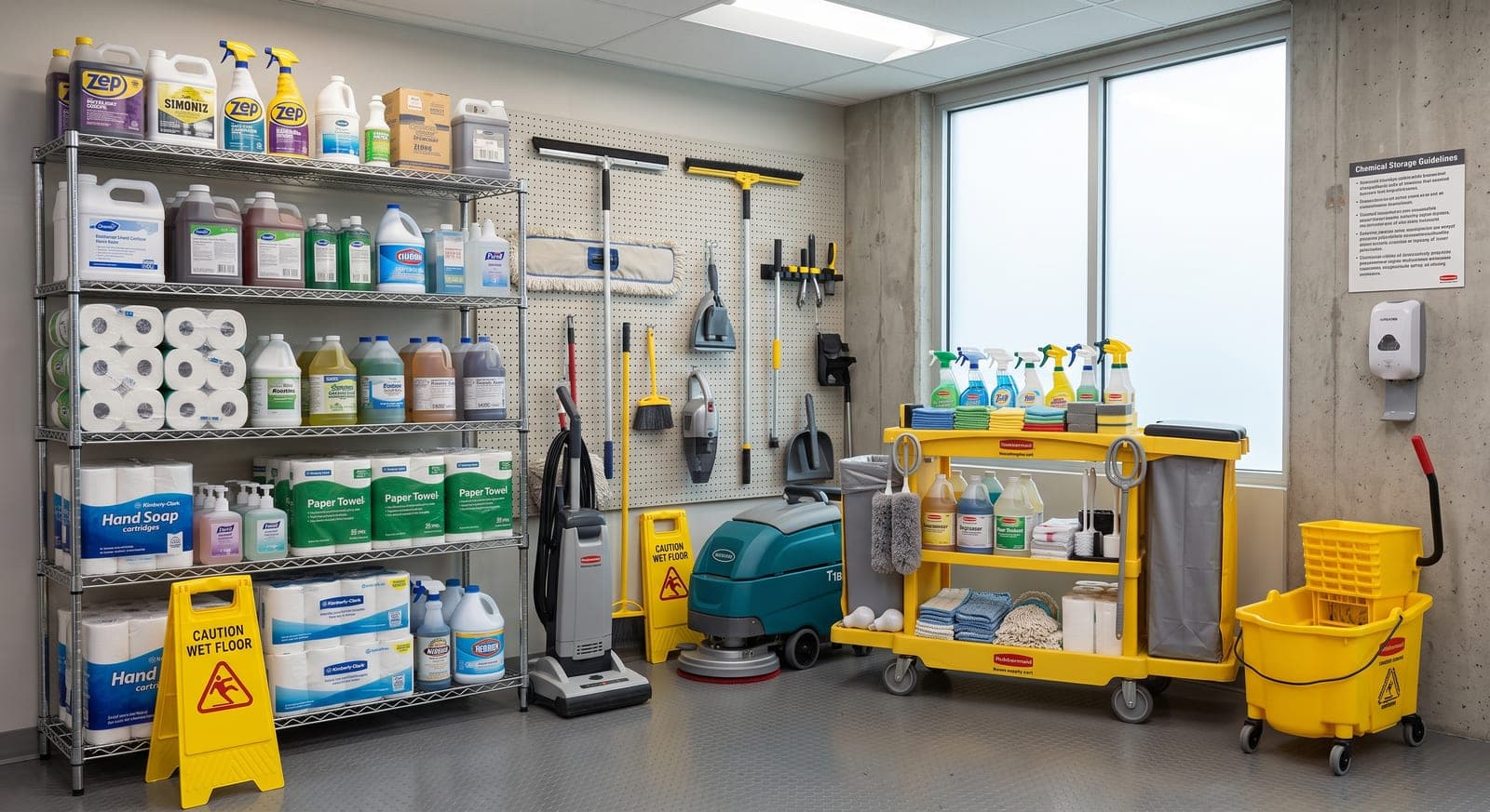 A fully stocked MaidEX supply room: shelves of professional cleaning products, mops, a vacuum, a floor scrubber and a stocked supply cart