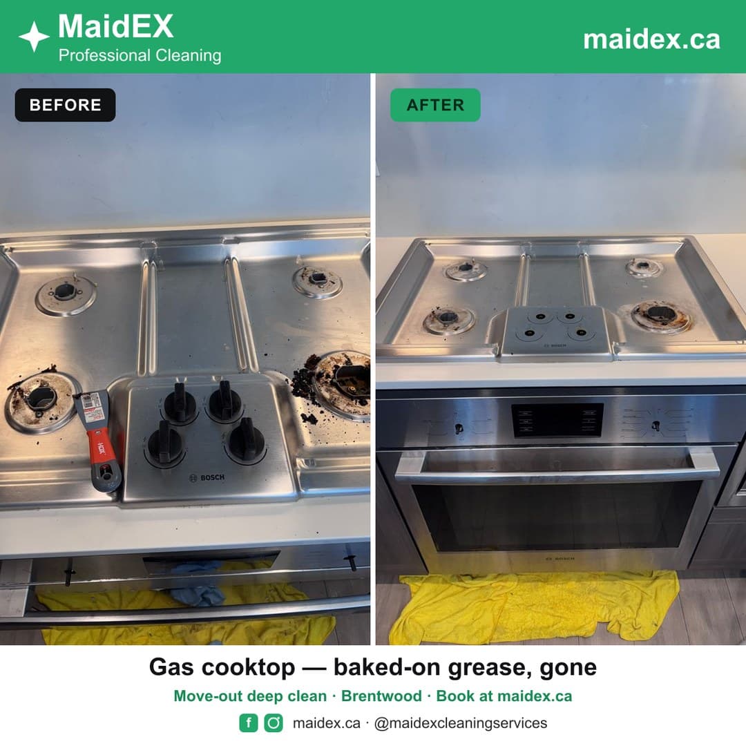 Before and after of a gas cooktop with baked-on grease cleaned during a MaidEX move-out clean in Brentwood, Burnaby