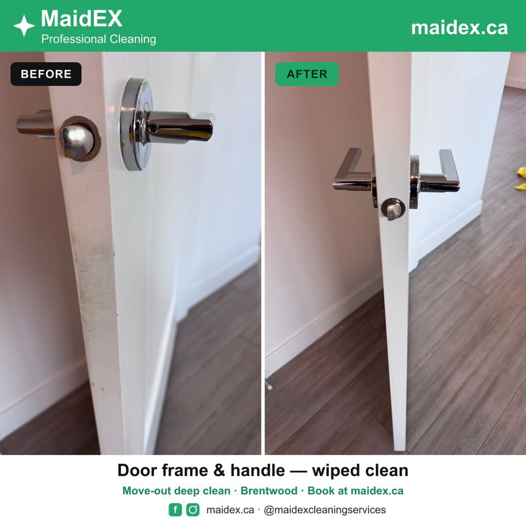 Before and after of a scuffed door frame and handle wiped clean during a MaidEX move-out clean in Brentwood, Burnaby