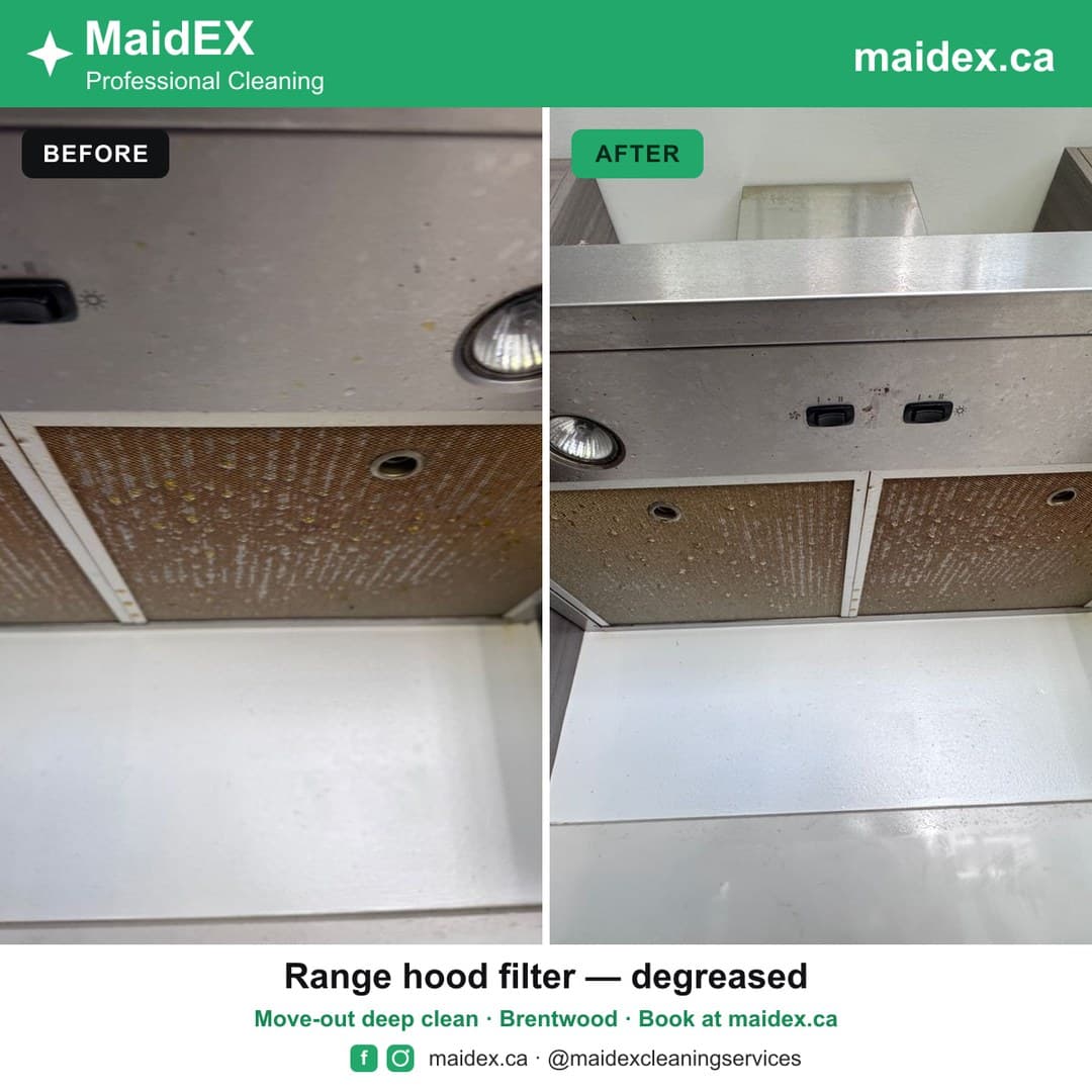 Before and after of a greasy range hood filter degreased during a MaidEX move-out clean in Brentwood, Burnaby