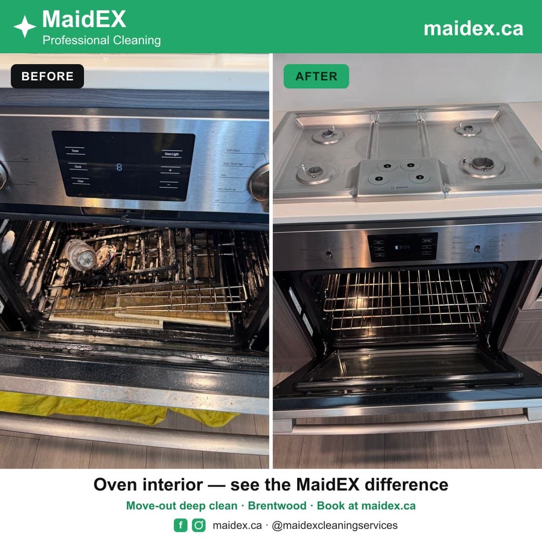 Before and after of a greasy oven interior deep-cleaned during a MaidEX move-out clean in Brentwood, Burnaby