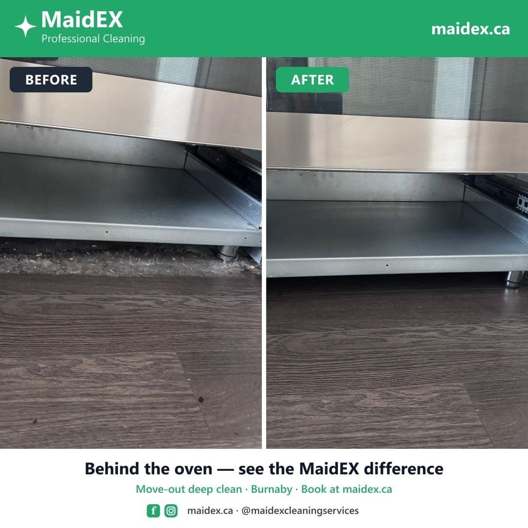 Before and after of the debris-covered floor behind and under a slide-out oven cleaned during a MaidEX move-out clean in Burnaby