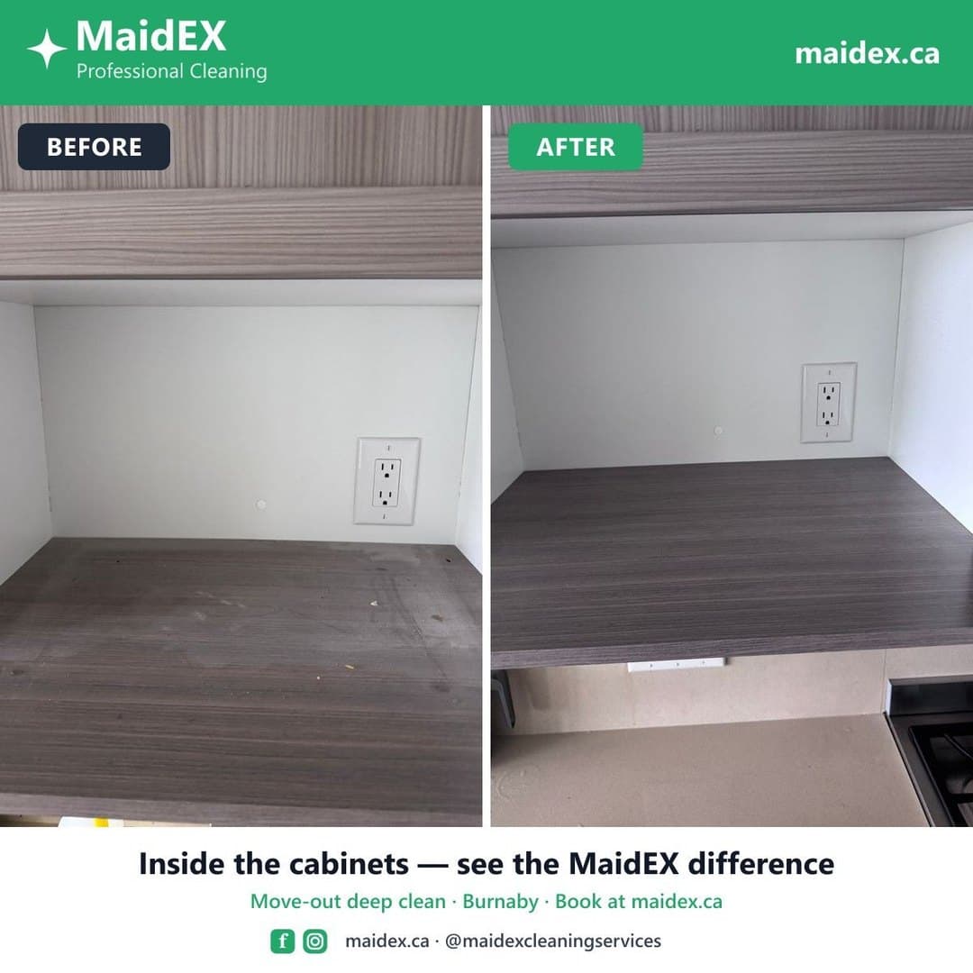 Before and after of crumbs and debris cleaned from inside a kitchen cabinet during a MaidEX move-out clean in Burnaby