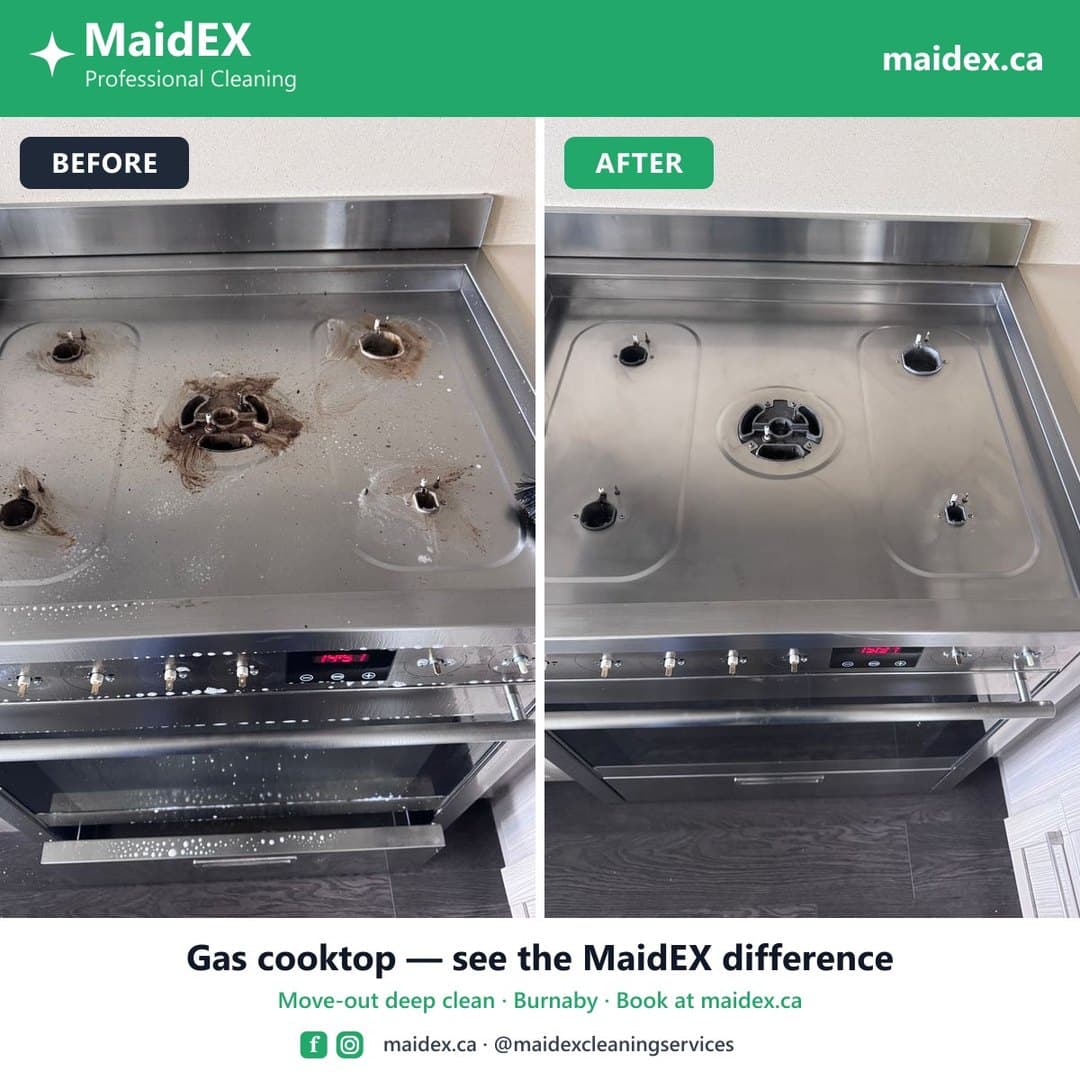 Before and after of a gas cooktop with burnt-on grease cleaned during a MaidEX move-out clean in Burnaby