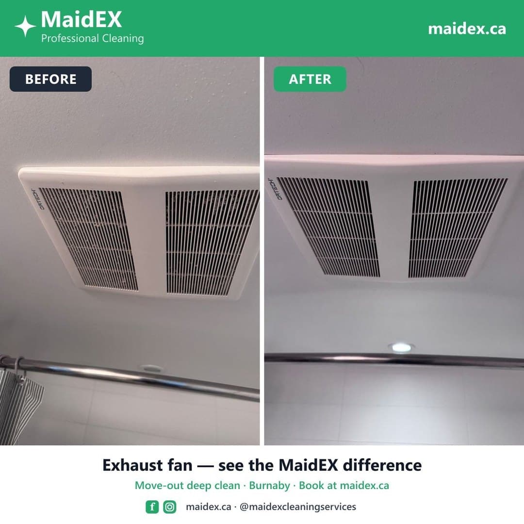 Before and after of a dusty bathroom exhaust fan grille cleaned during a MaidEX move-out clean in Burnaby
