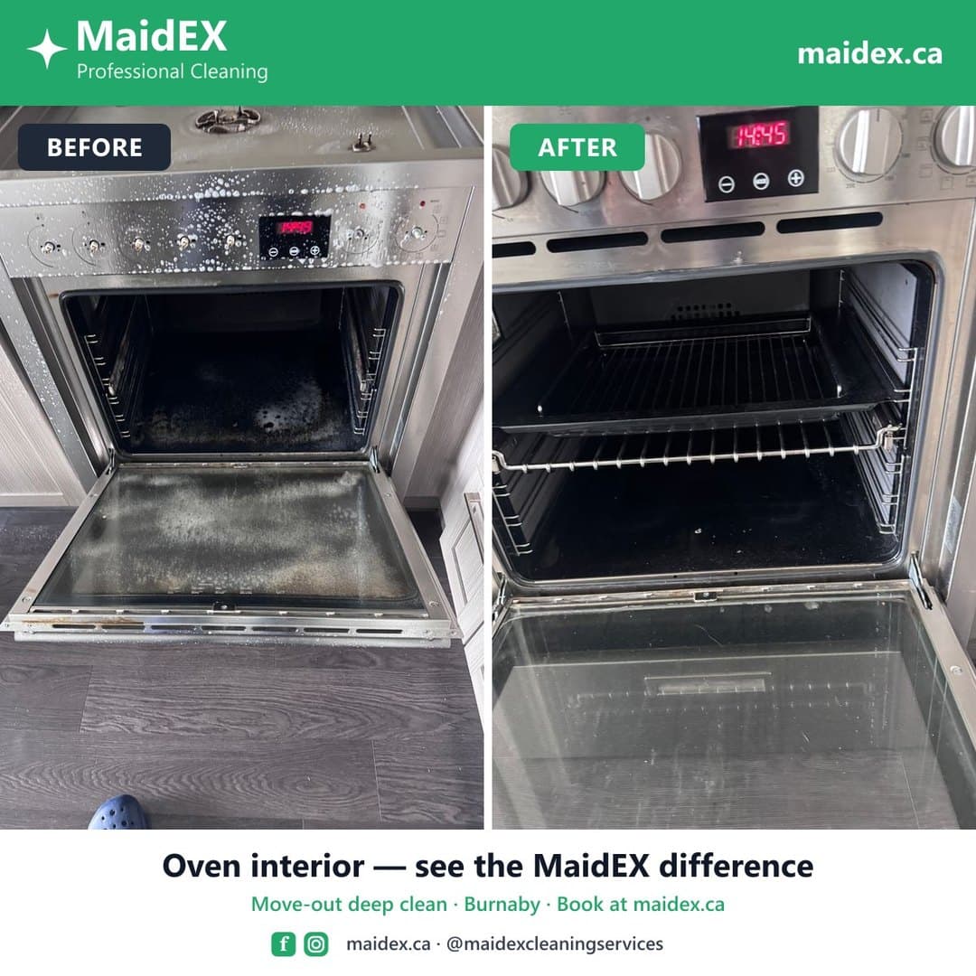 Before and after of a greasy oven interior deep-cleaned during a MaidEX move-out clean in Burnaby