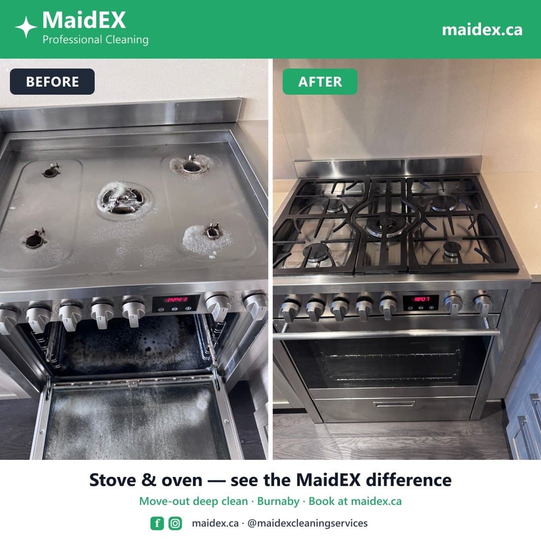 Before and after of a full gas range degreased during a MaidEX move-out deep clean in Burnaby