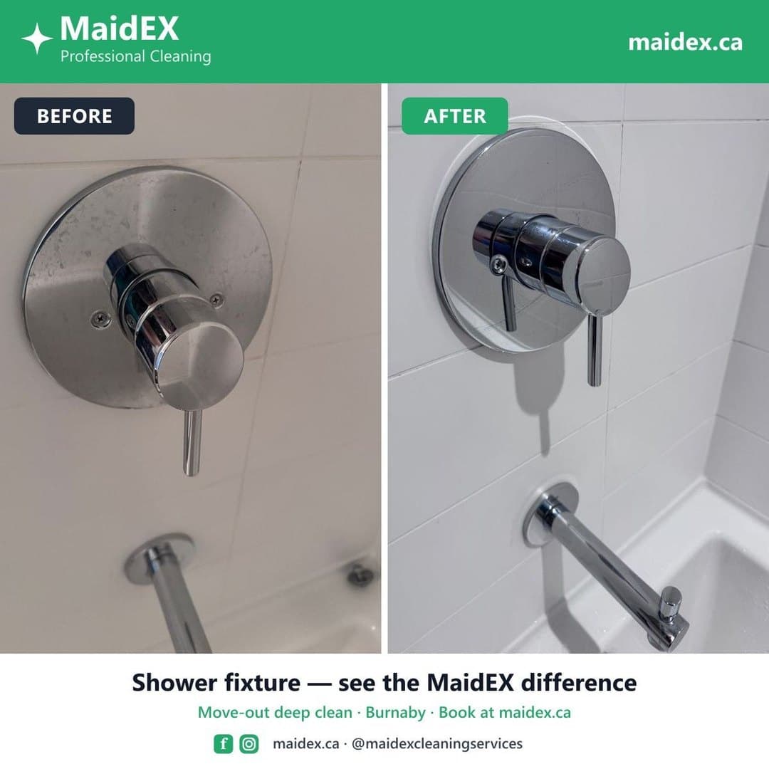Before and after of a water-spotted chrome shower fixture polished during a MaidEX move-out clean in Burnaby
