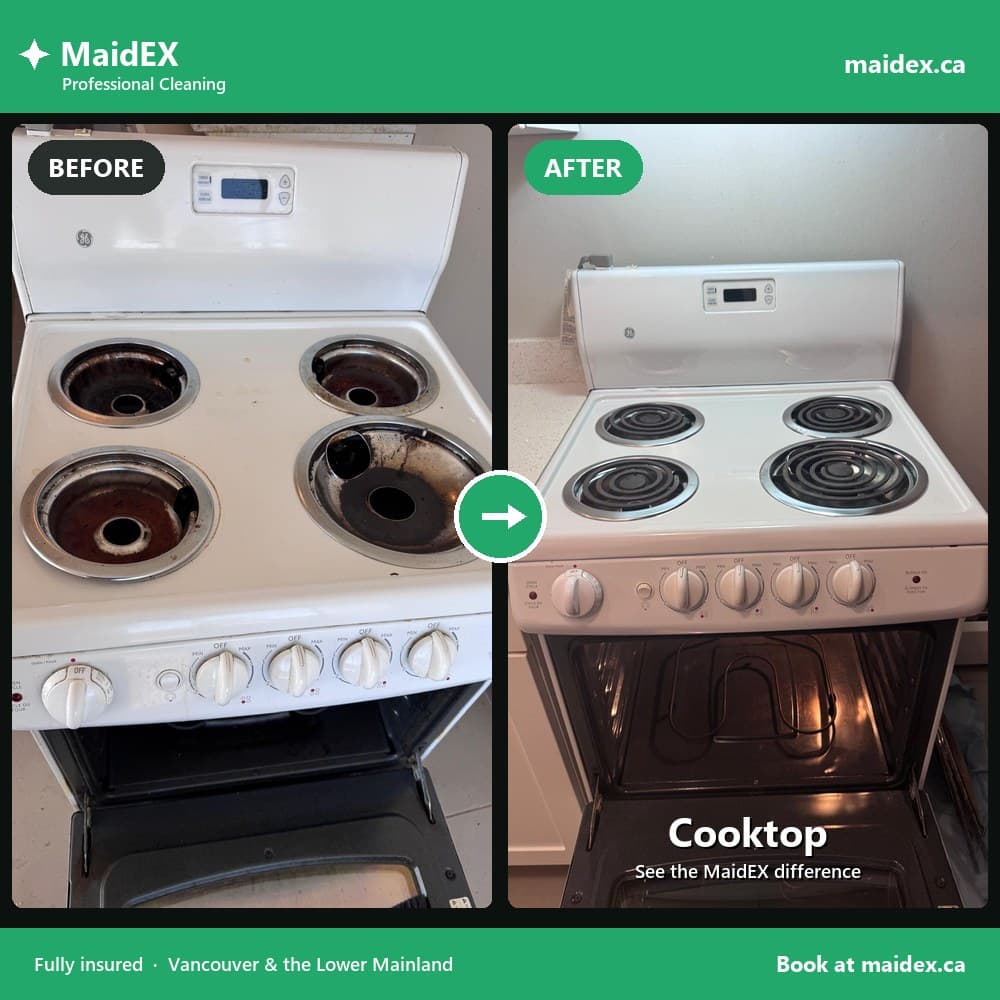 Cooktop before and after a MaidEX move-out clean