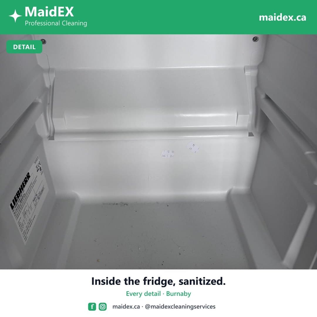 Refrigerator interior cleaned and sanitized during a MaidEX move-out clean in Burnaby