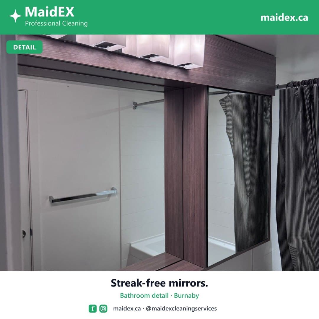 Streak-free bathroom mirror after a MaidEX move-out clean in Burnaby