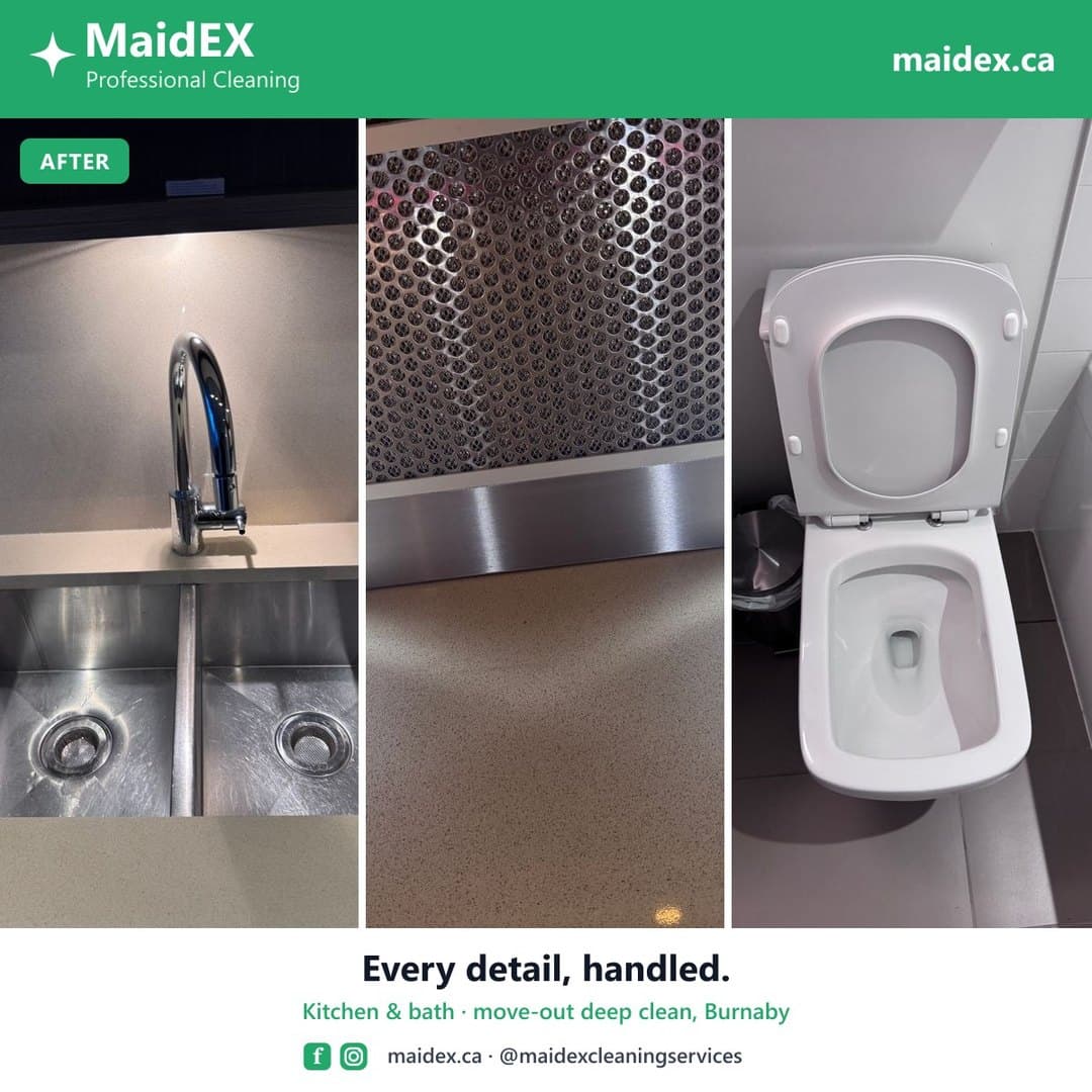 Sink, range hood and bathroom cleaned during a MaidEX move-out deep clean in Burnaby