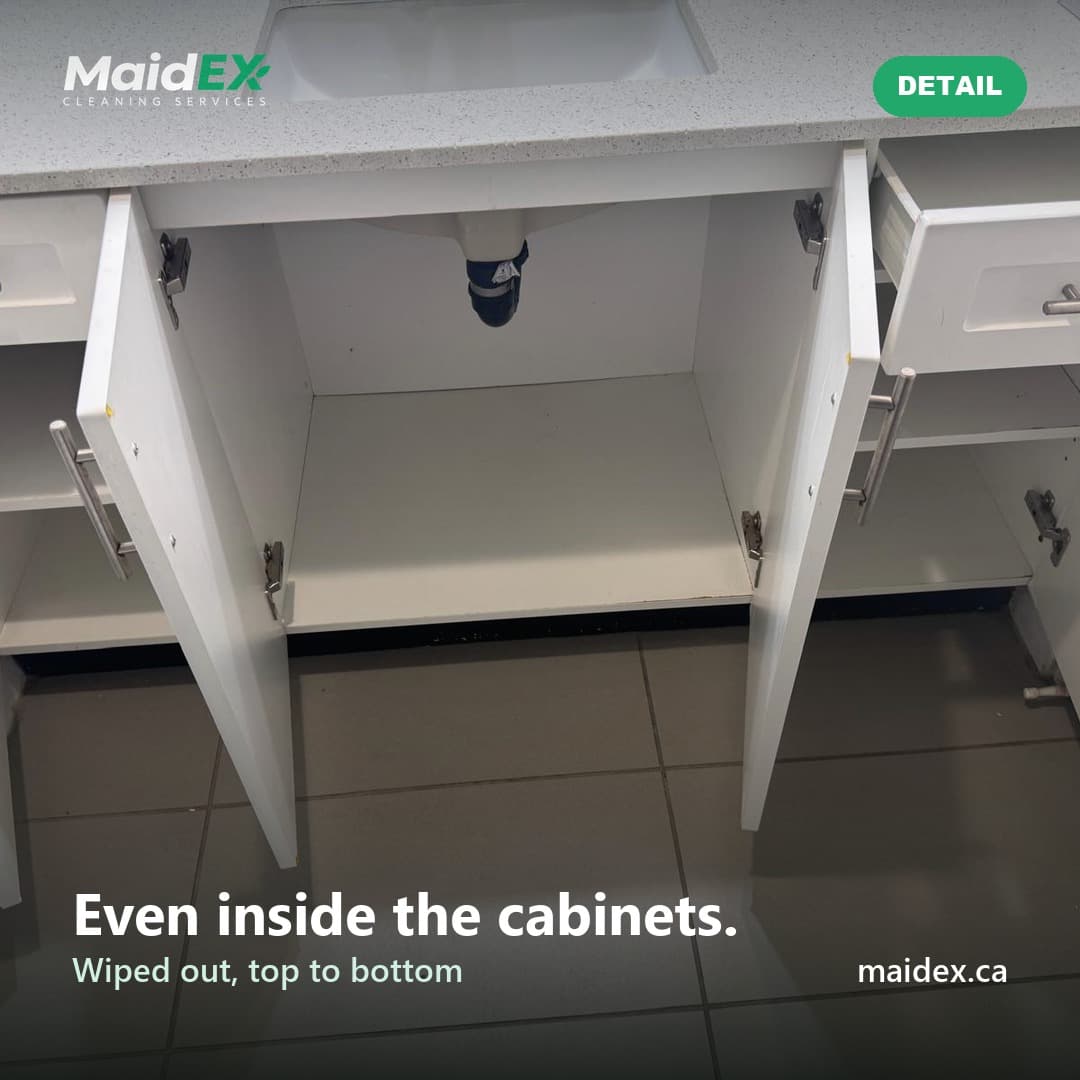 Empty vanity cabinet wiped out inside after a MaidEX move-out clean