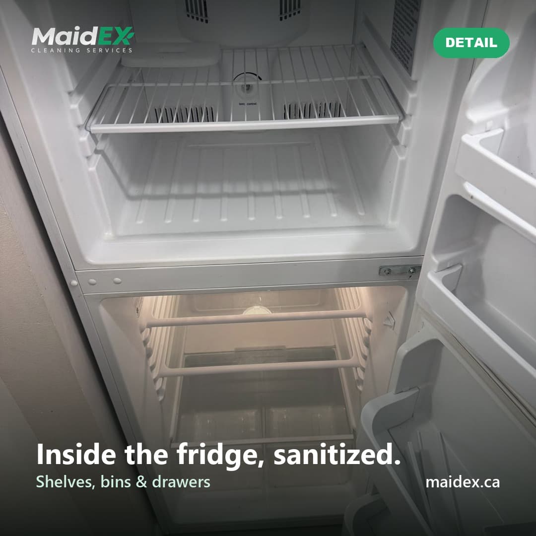 Empty refrigerator interior with clean shelves and drawers after a MaidEX clean