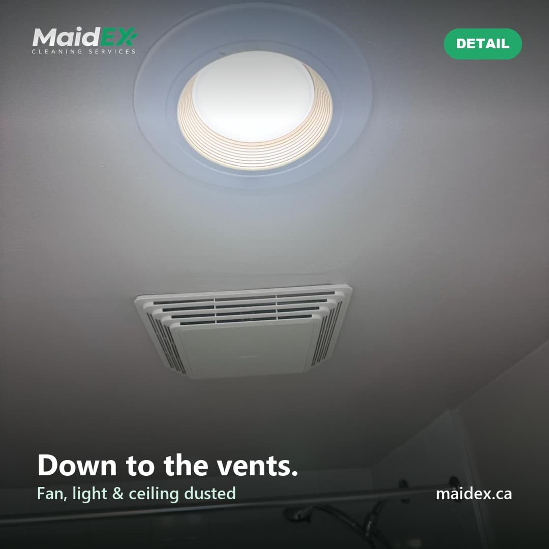 Bathroom exhaust fan, light and ceiling dusted during a MaidEX clean