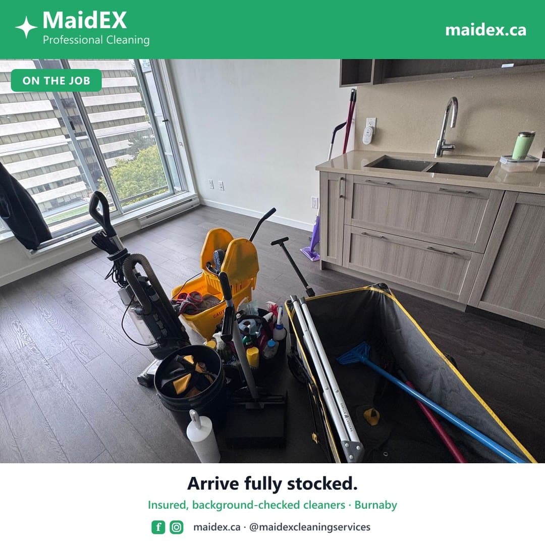 MaidEX cleaning caddy and supplies set up for a move-out deep clean in Burnaby