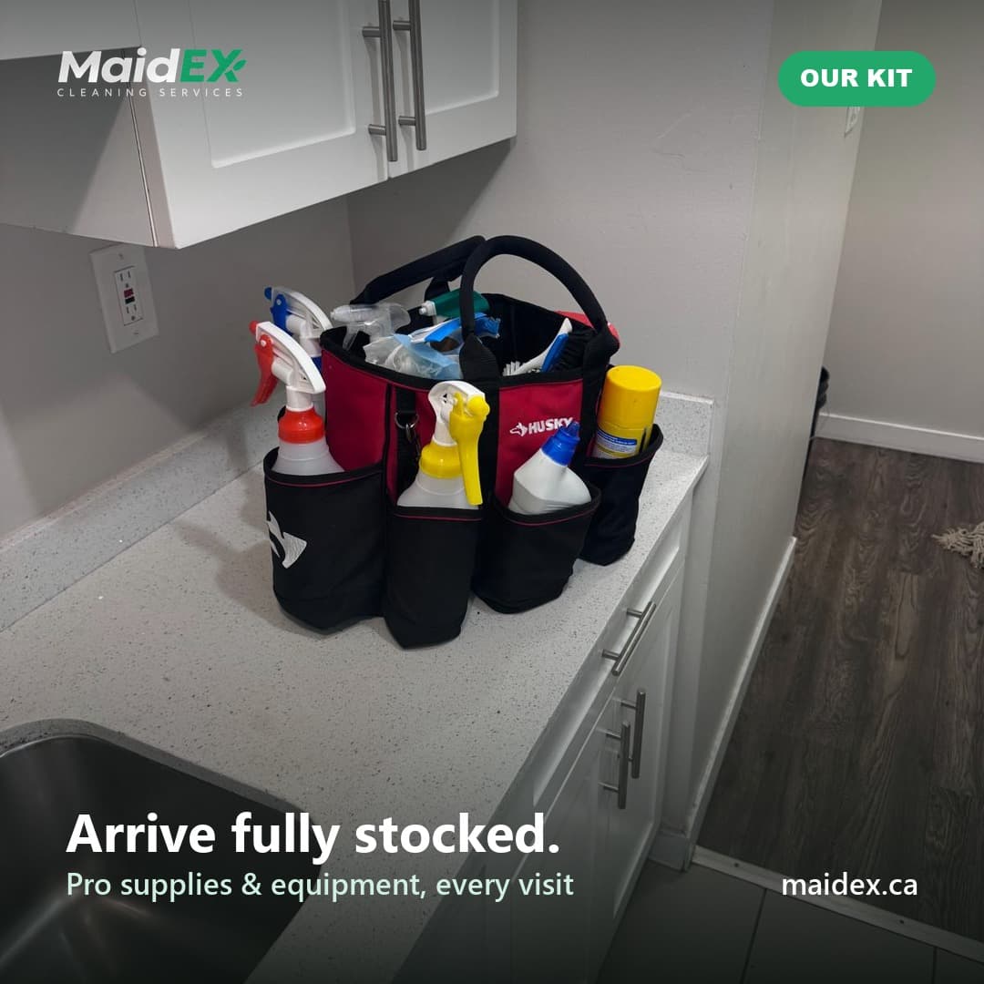 MaidEX cleaning caddy full of professional supplies on a kitchen counter