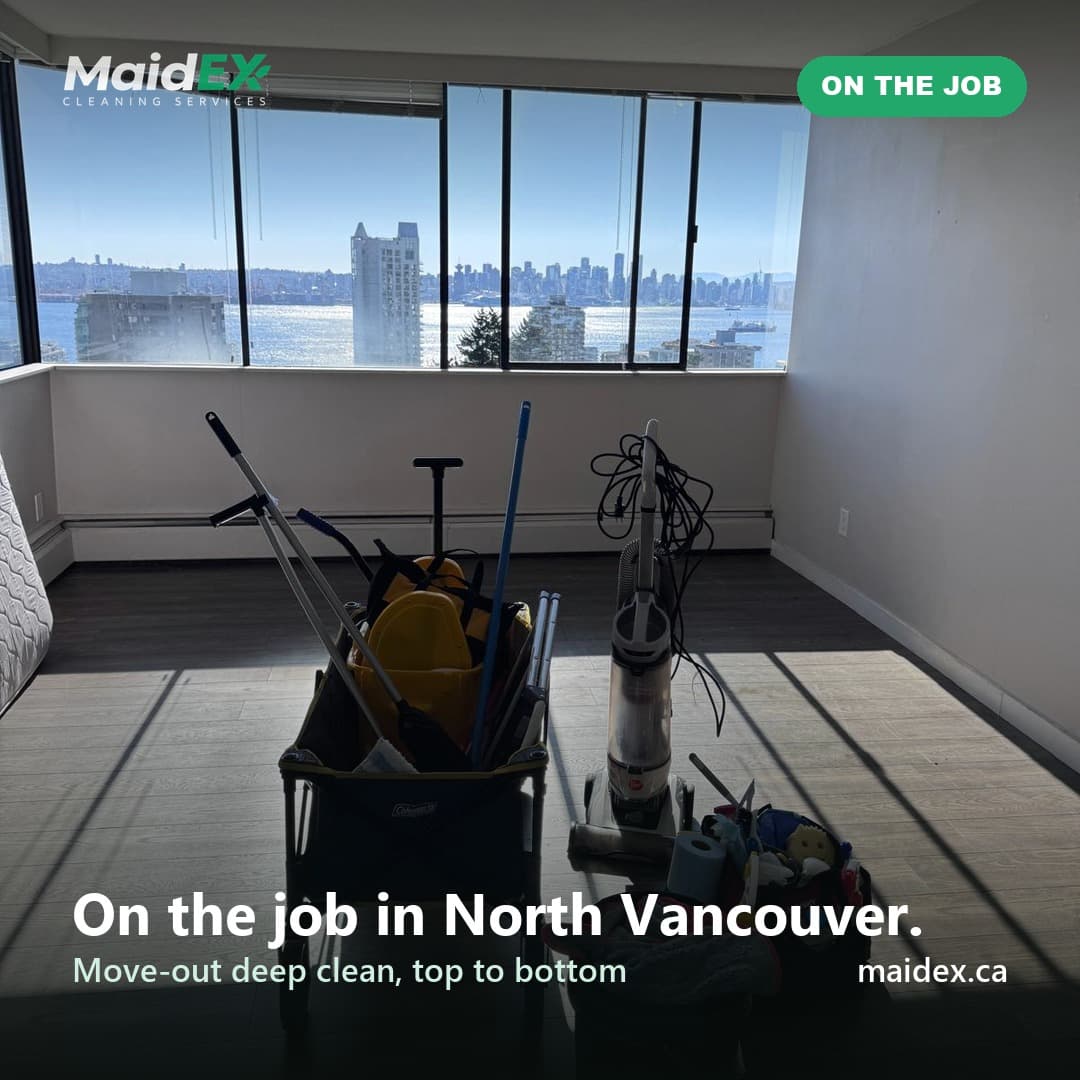 MaidEX cleaning equipment set up for a move-out deep clean in a North Vancouver apartment