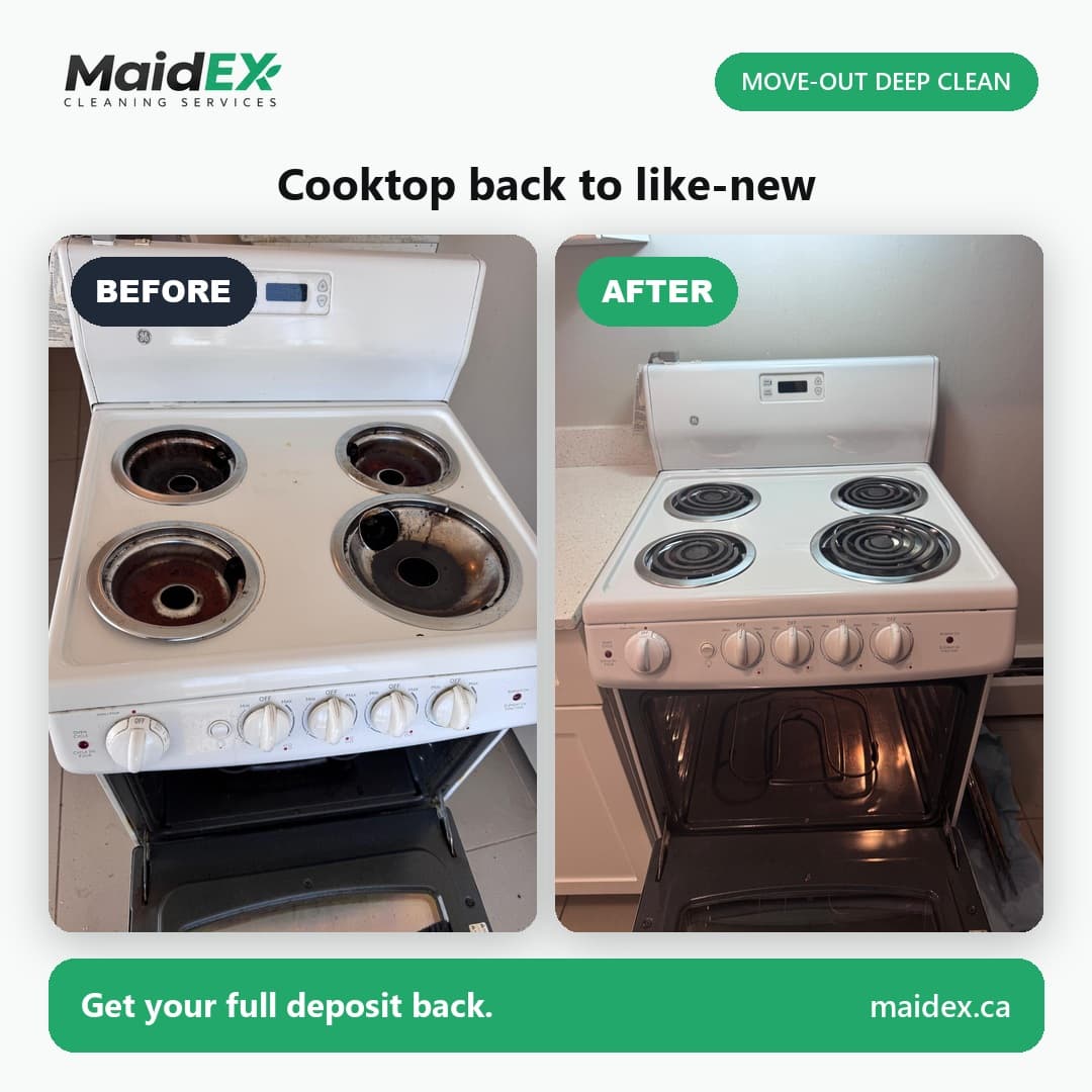 Before and after of a stovetop and burners cleaned during a MaidEX move-out clean