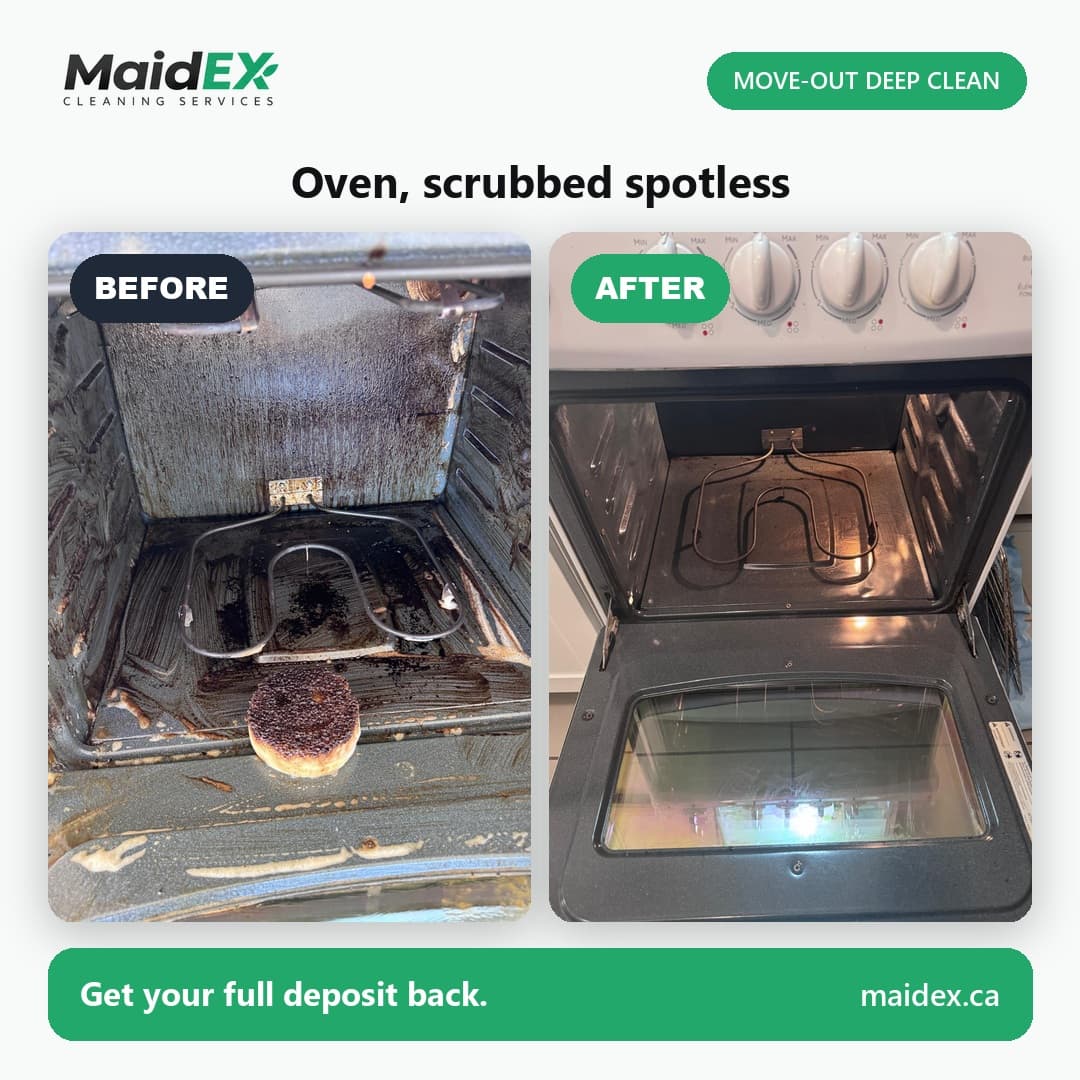 Before and after of an oven interior deep-cleaned during a MaidEX move-out clean