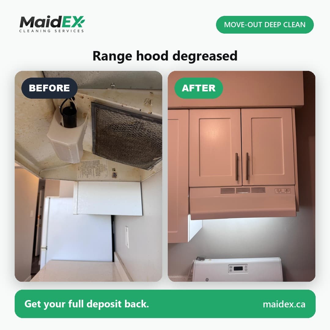 Before and after of a greasy range hood filter cleaned during a MaidEX move-out clean