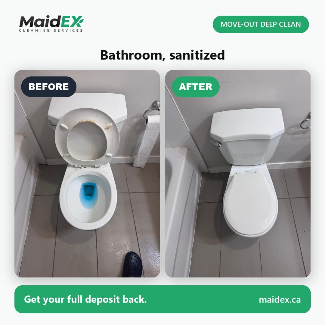 Before and after of a toilet sanitized during a MaidEX move-out clean