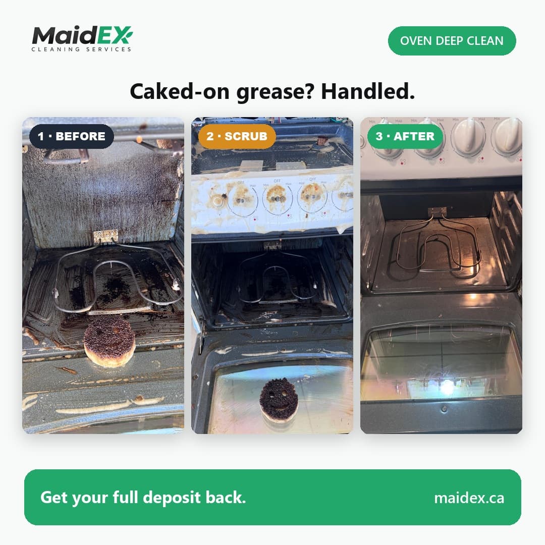 Three-step before, scrub and after of an oven deep clean by MaidEX