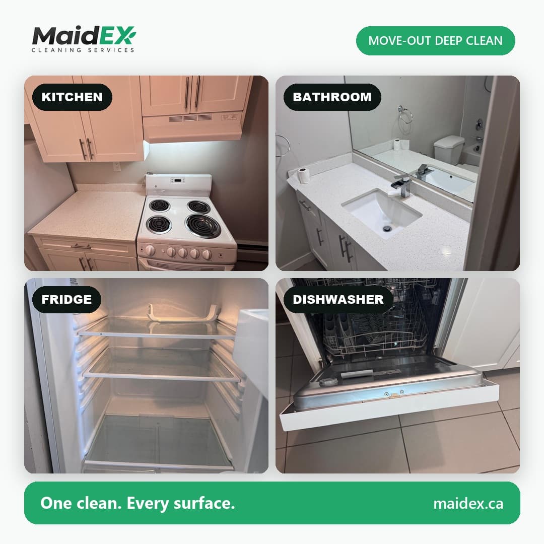 Collage of clean kitchen, bathroom, fridge and dishwasher after a MaidEX move-out deep clean