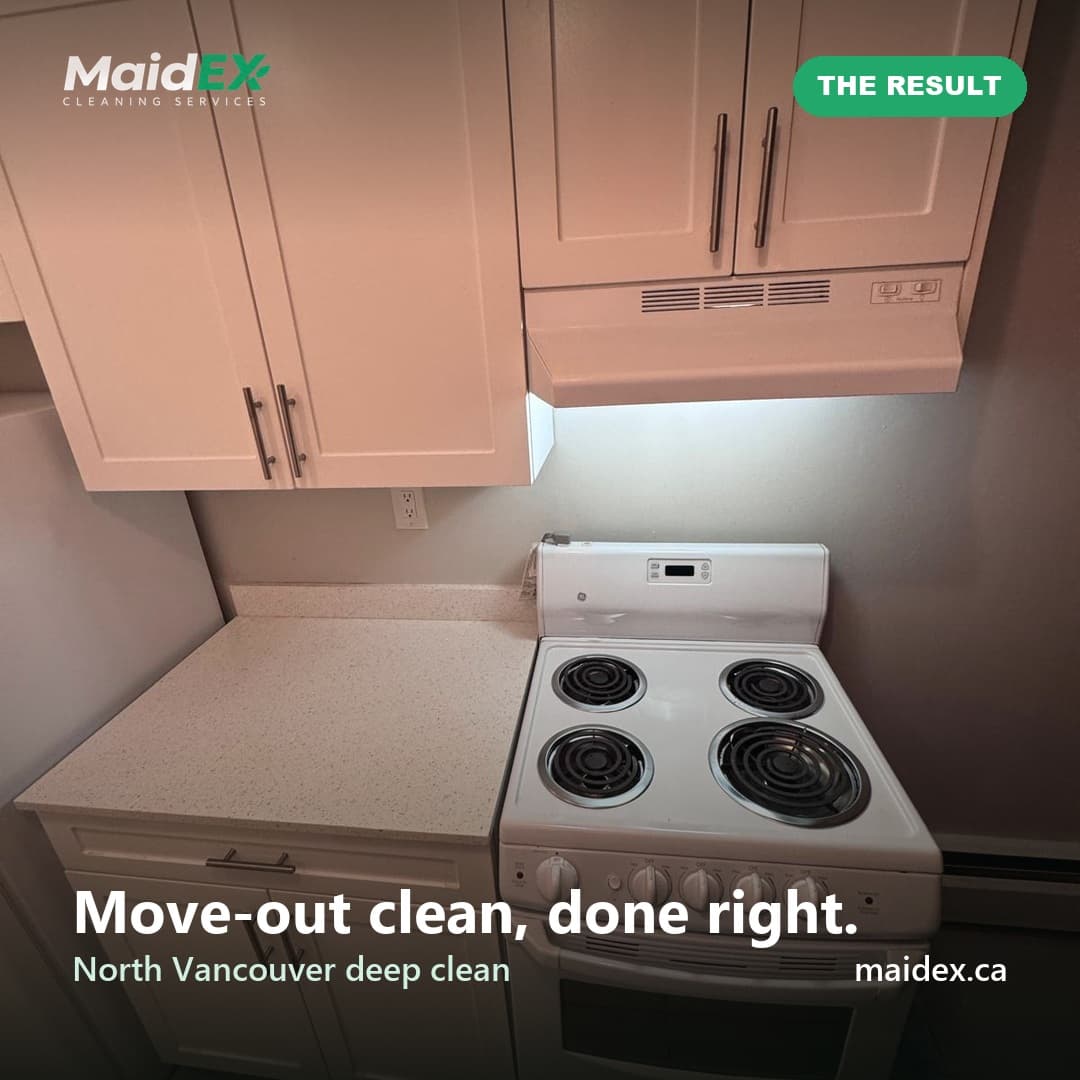 Clean kitchen with spotless stove and counters after a MaidEX move-out clean in North Vancouver