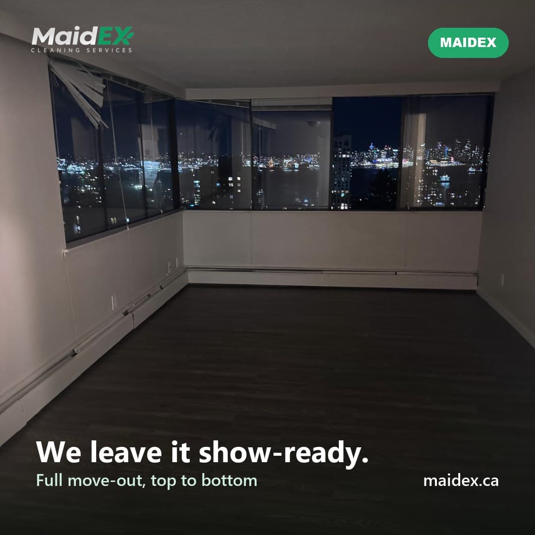 Empty apartment cleaned top to bottom, show-ready with a night city view