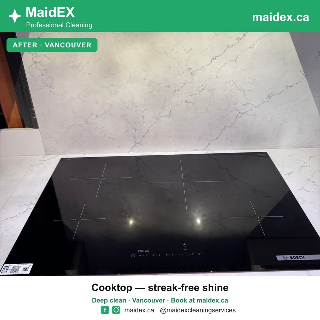 Induction cooktop and quartz backsplash left spotless after a MaidEX deep clean in Vancouver