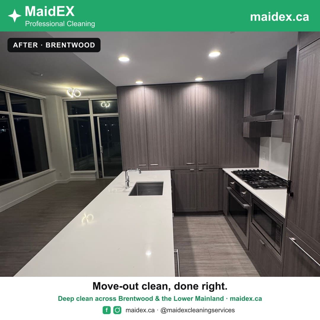 Spotless kitchen after a MaidEX move-out deep clean in Brentwood, Burnaby