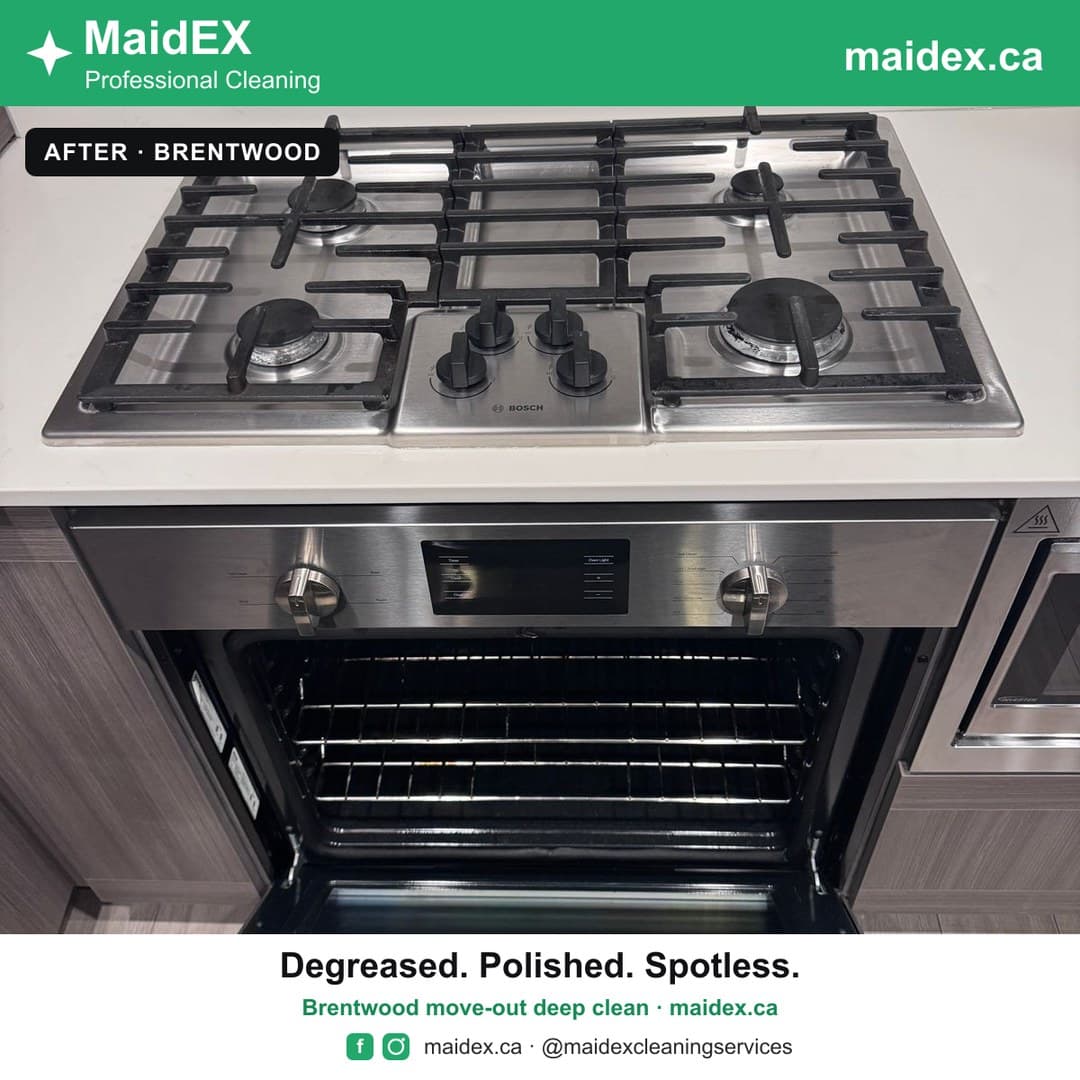 Gas range degreased and polished after a MaidEX move-out deep clean in Brentwood, Burnaby