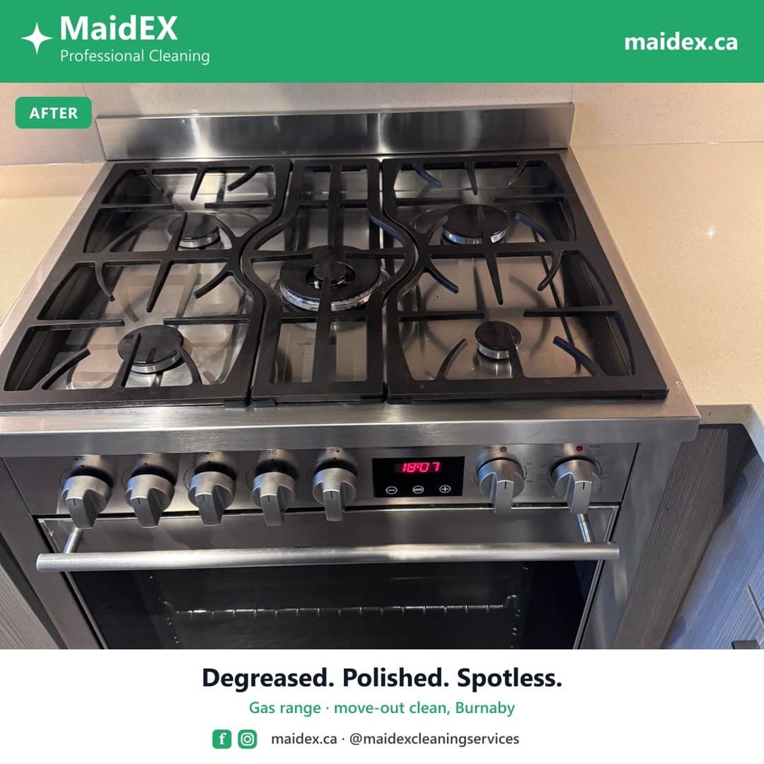 Gas range cleaned and polished after a MaidEX move-out deep clean in Burnaby