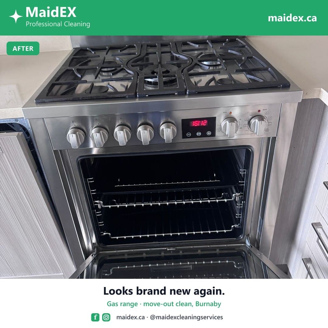 Stainless gas range left spotless after a MaidEX move-out deep clean in Burnaby