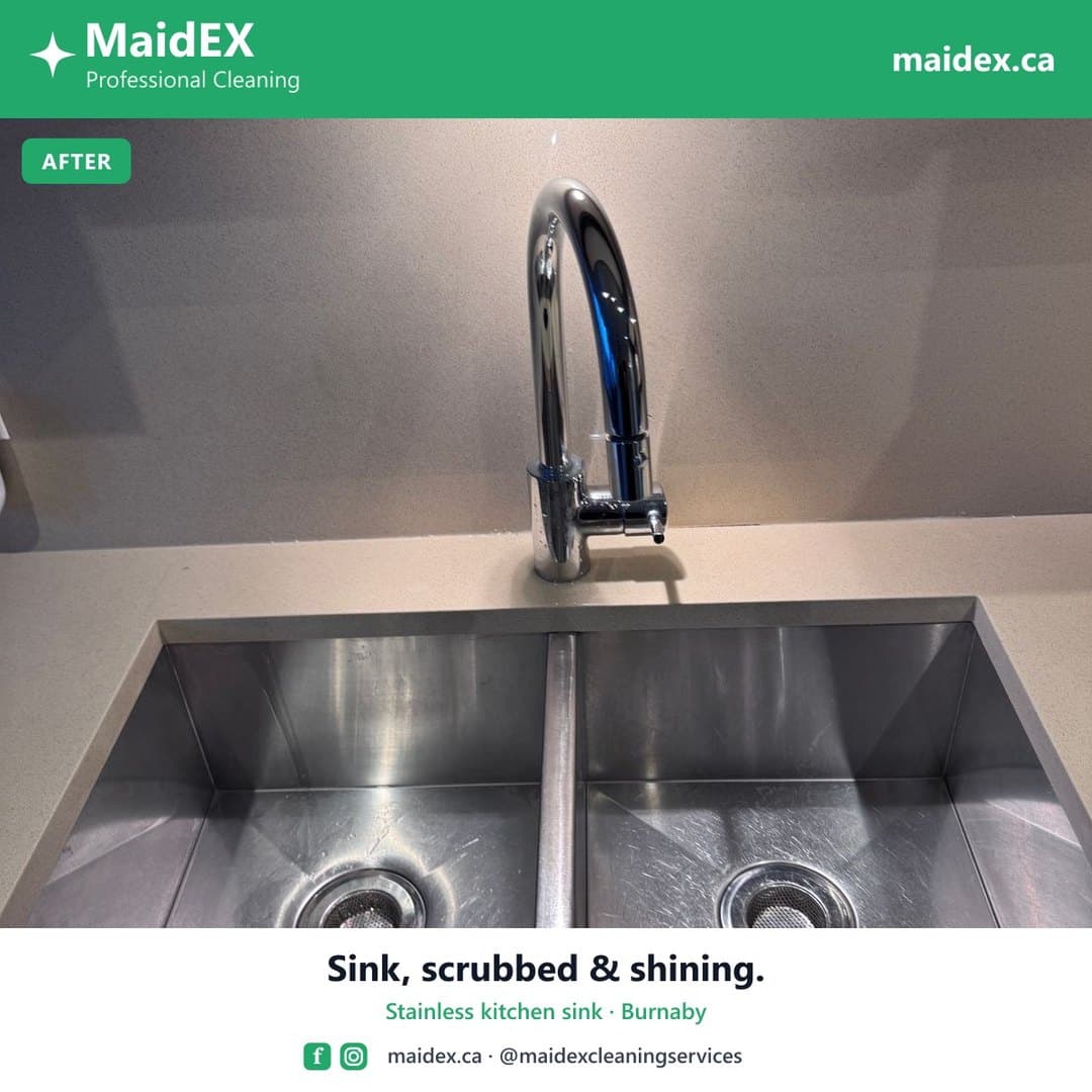 Stainless steel kitchen sink scrubbed and polished after a MaidEX clean in Burnaby