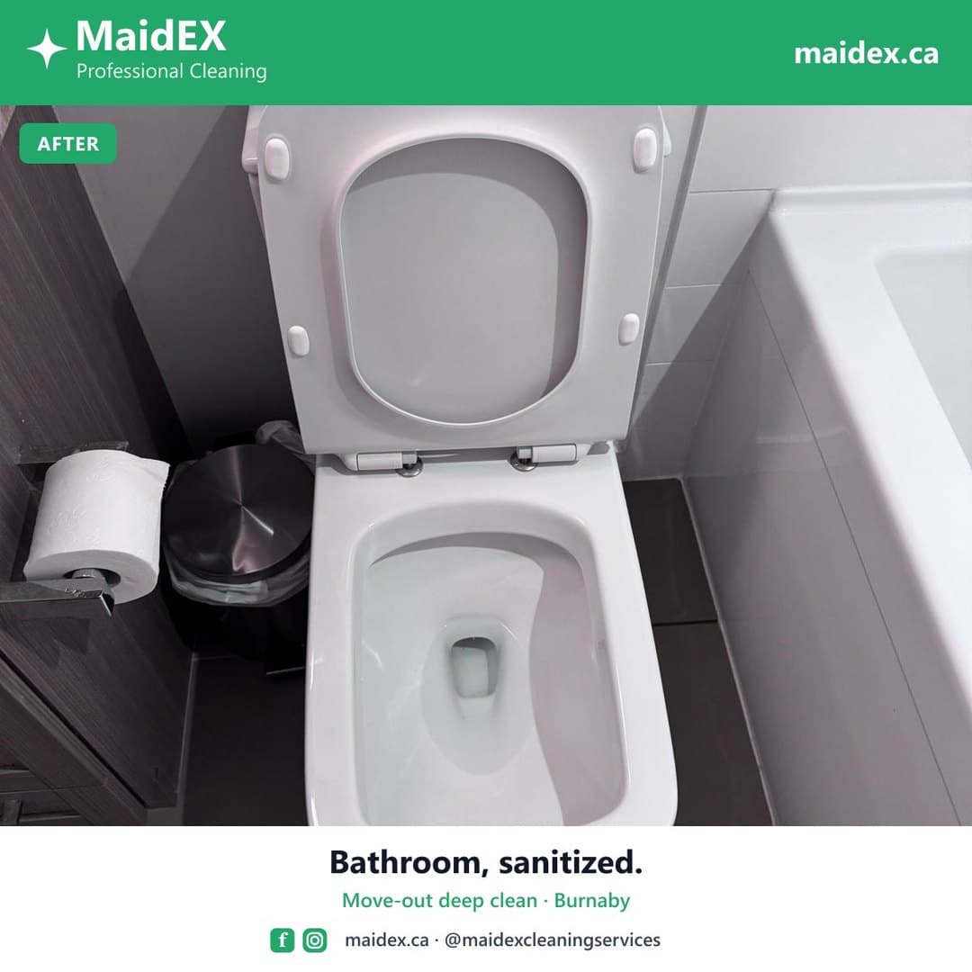 Toilet and bathroom sanitized during a MaidEX move-out clean in Burnaby