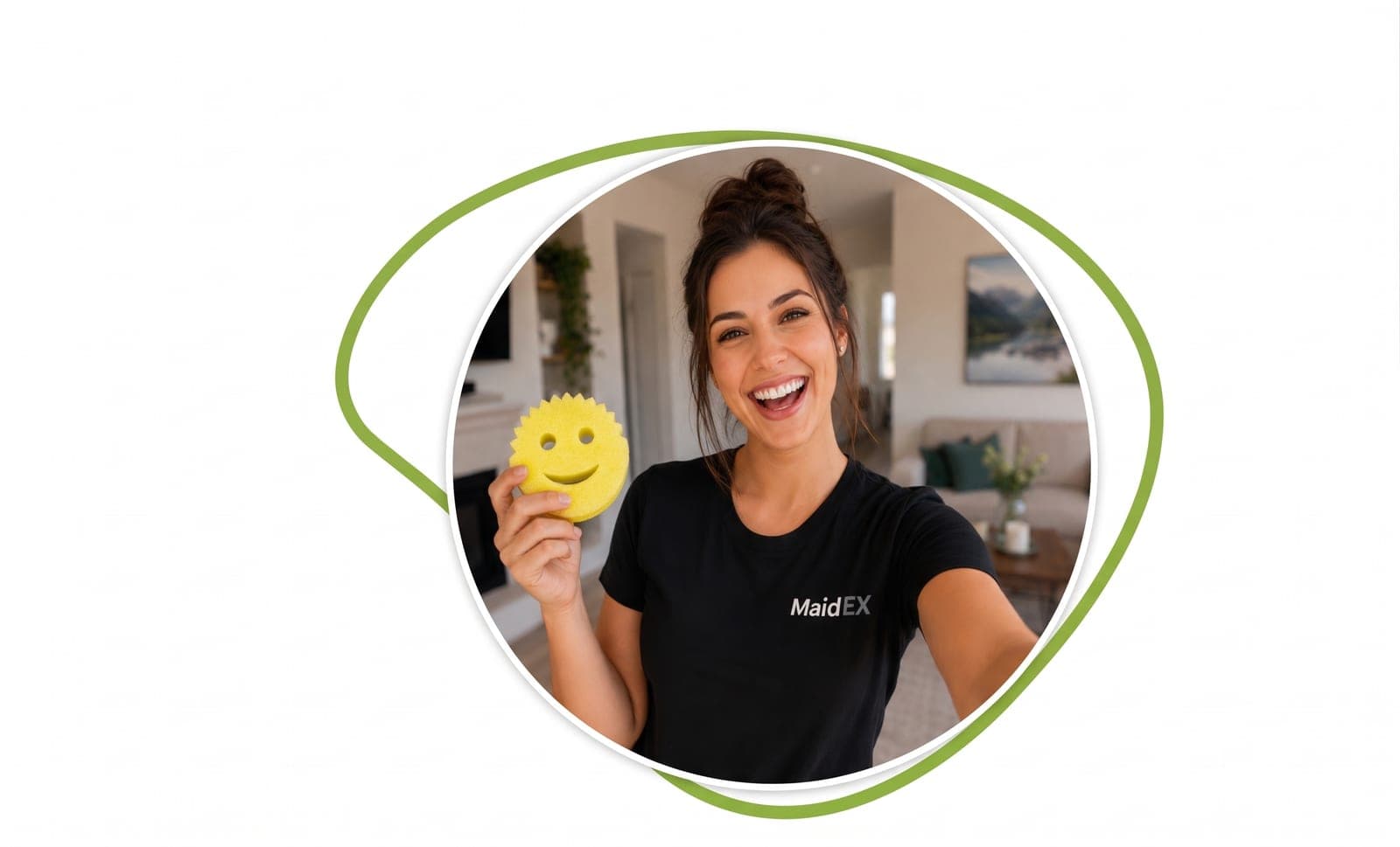 A cheerful MaidEX cleaner holding a smiley sponge in a bright living room