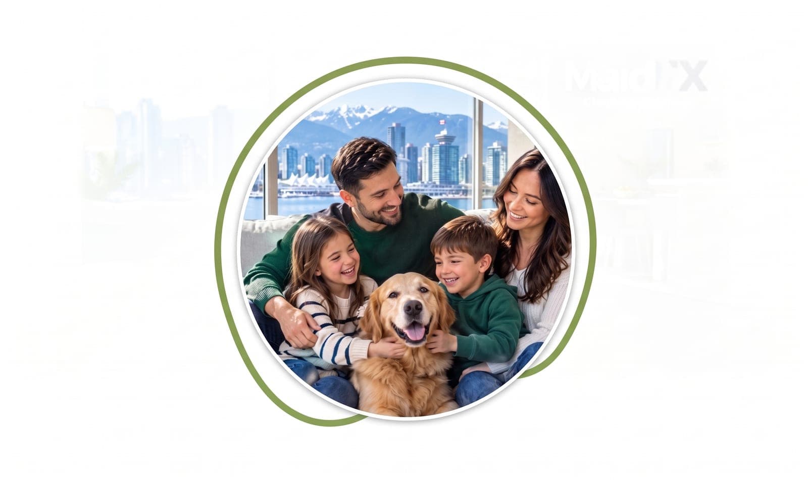 A family relaxing with their dog in a spotless home overlooking Vancouver