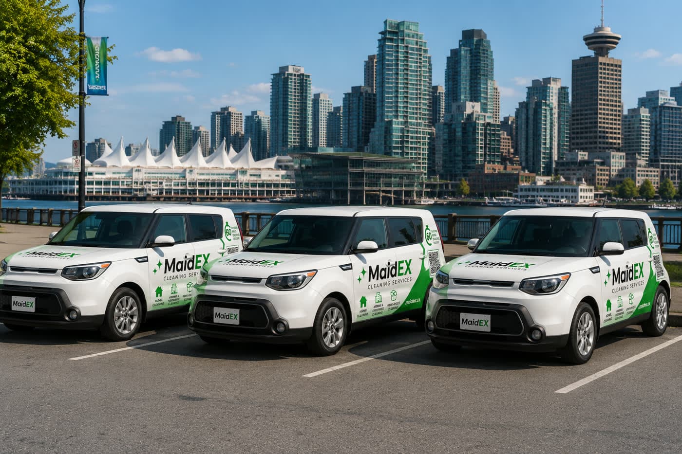 MaidEX cars in the green MaidEX wrap parked by the Vancouver waterfront skyline