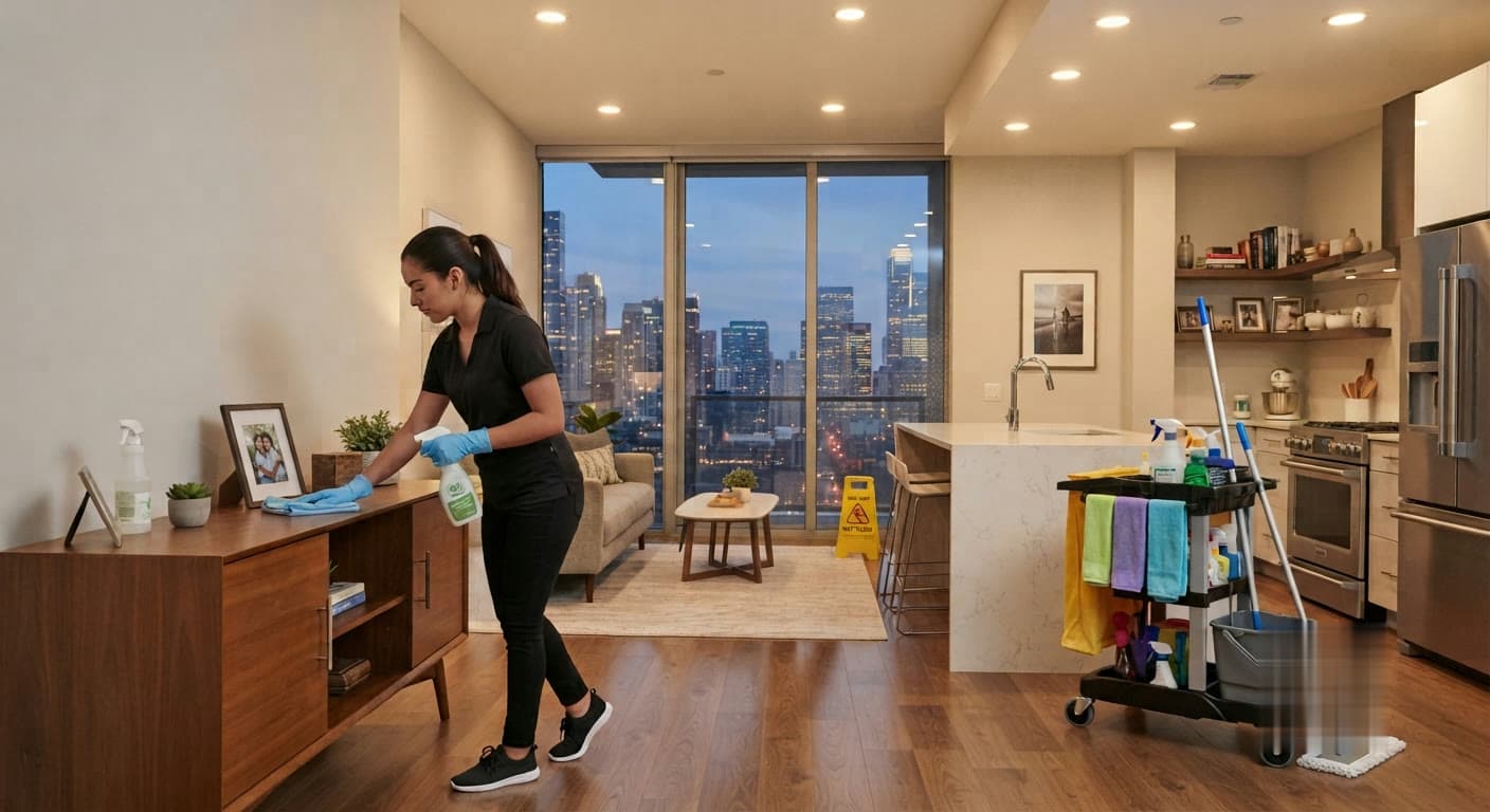 A MaidEX cleaner tidying a bright Vancouver condo living room