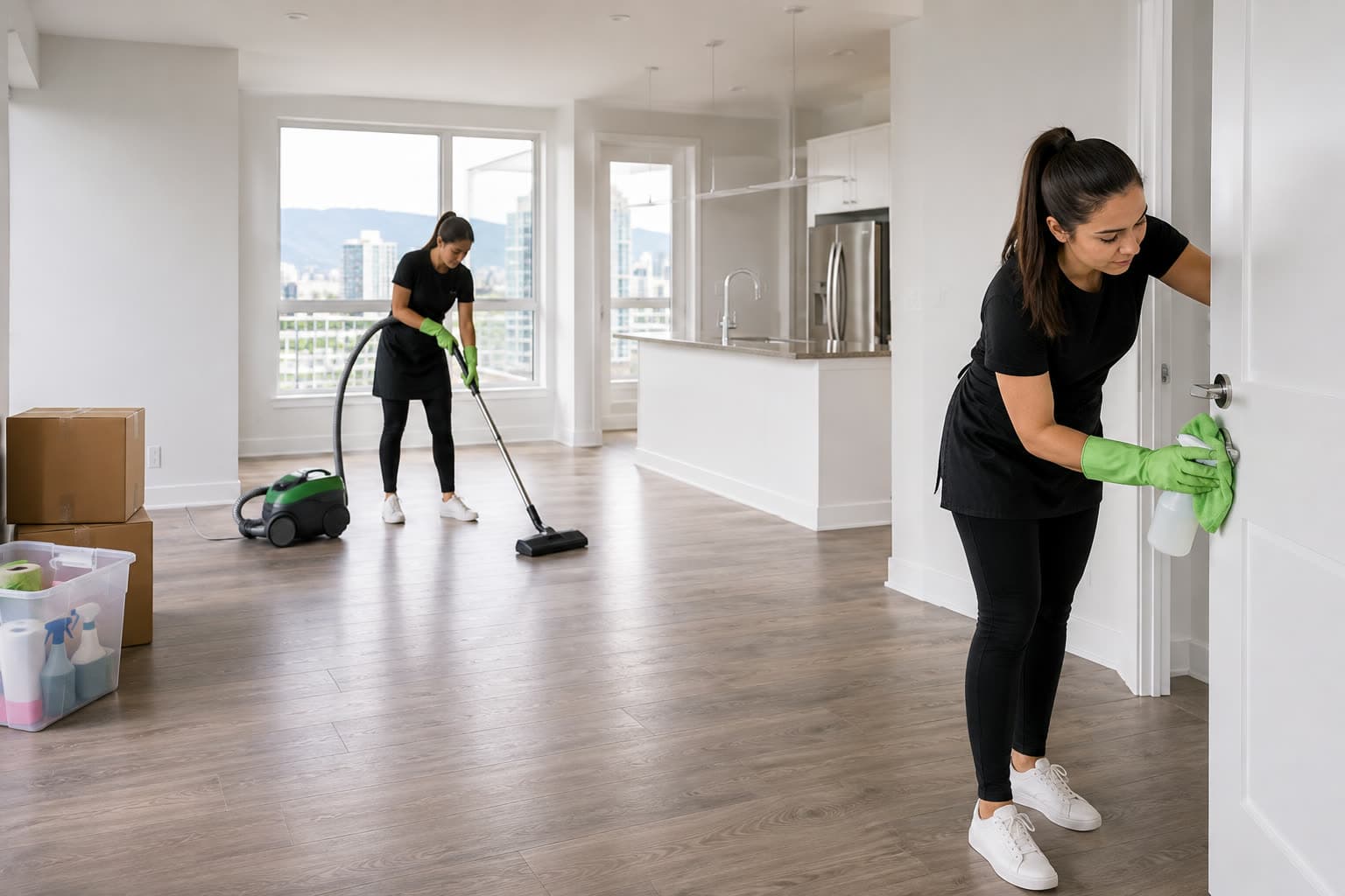 Two MaidEX cleaners vacuuming and wiping down an empty Vancouver condo on moving day