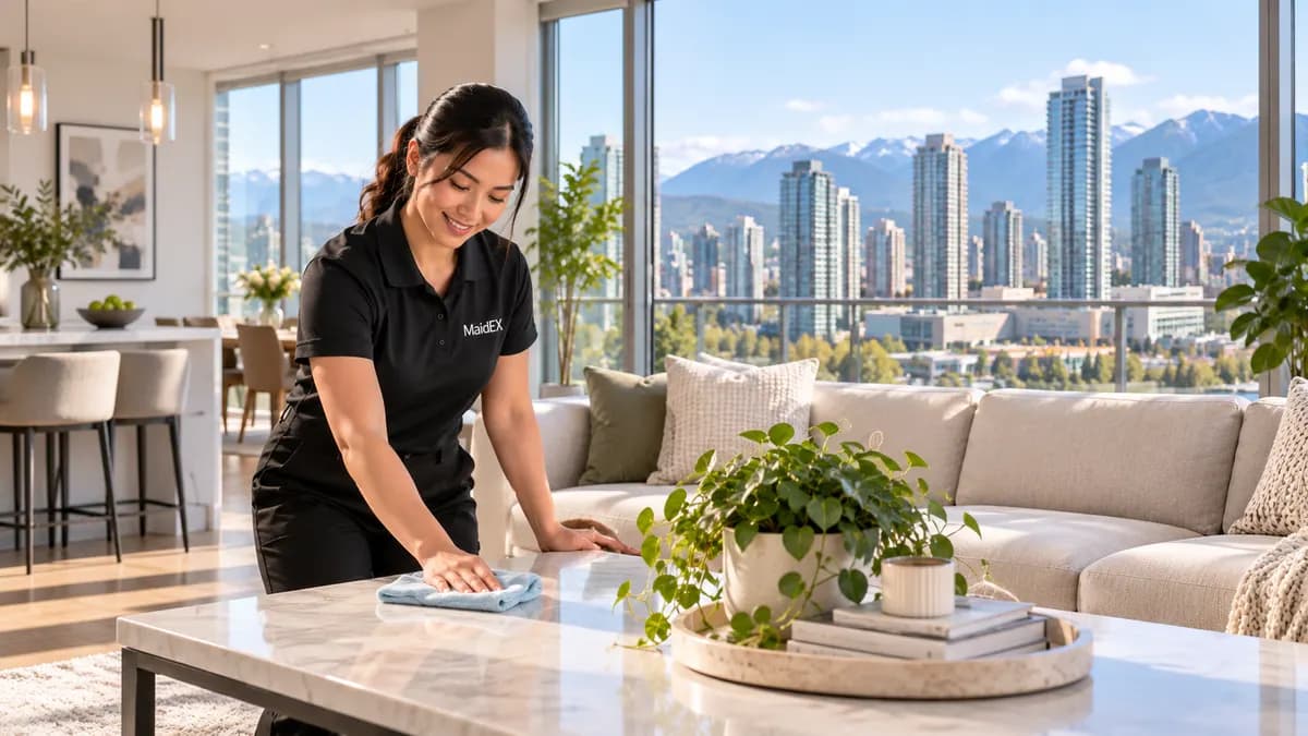 A MaidEX cleaner tidying a bright Metro Vancouver home near Burnaby, BC
