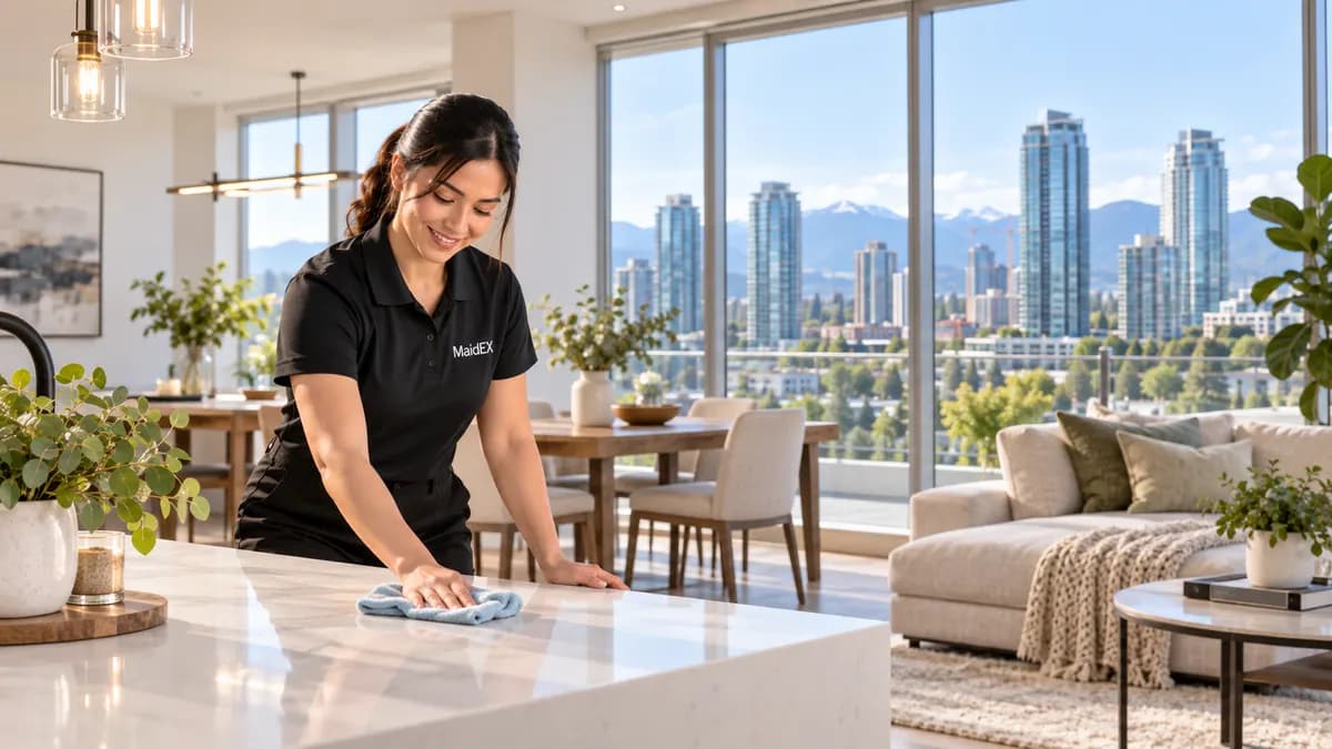 A MaidEX cleaner tidying a bright Metro Vancouver home near Delta, BC