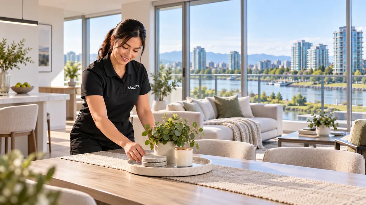 A MaidEX cleaner tidying a bright Metro Vancouver home near Langley, BC