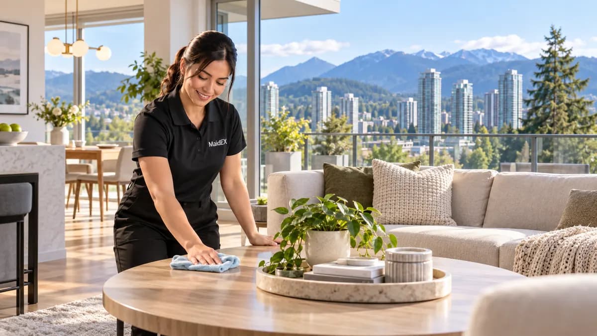 A MaidEX cleaner tidying a bright Metro Vancouver home near Coquitlam, BC