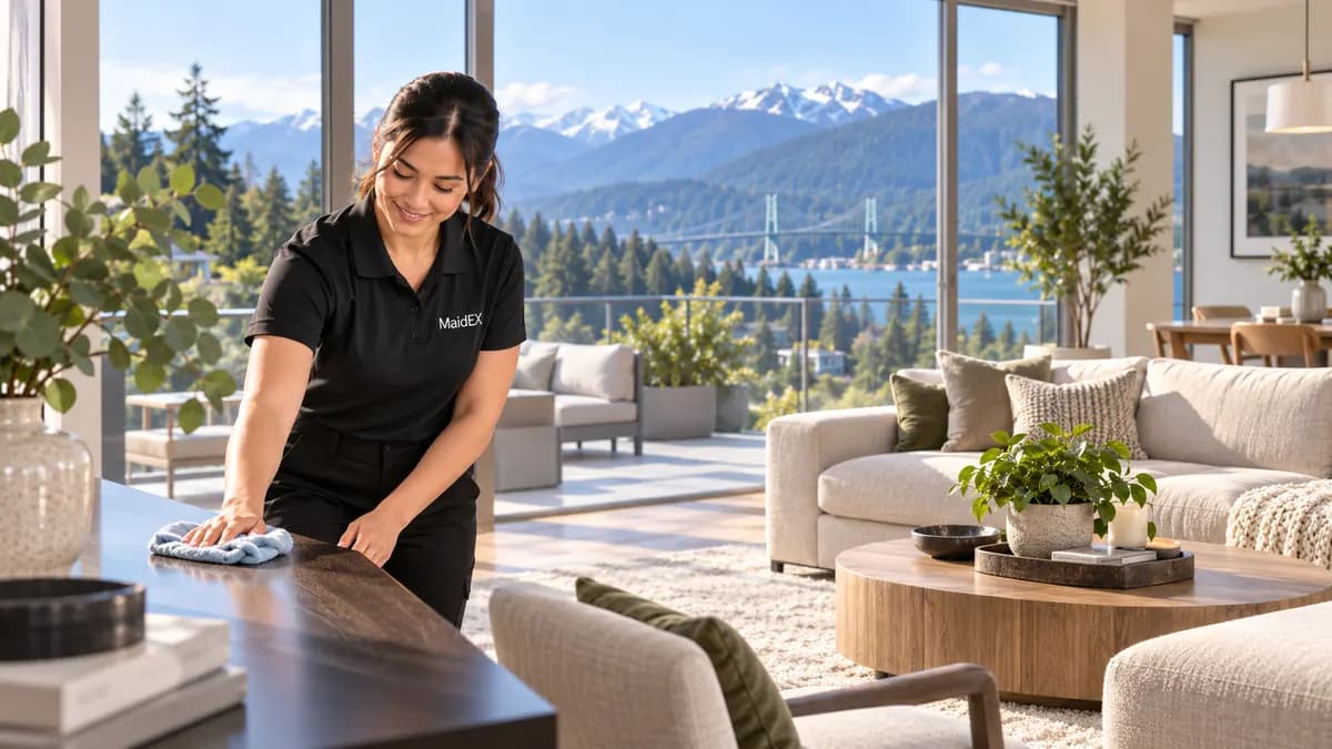 A MaidEX cleaner tidying a bright Metro Vancouver home near Maple Ridge, BC